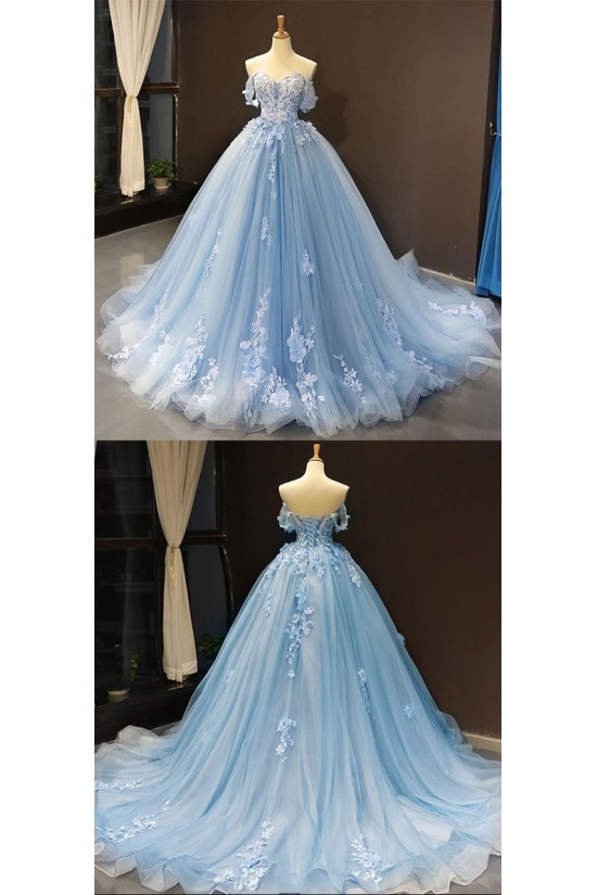 Long Blue Lace and Tulle Prom Dress Formal Evening Gowns 901308