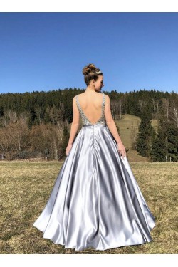 A-Line Long Satin Beaded Prom Dress Formal Evening Gowns 901321