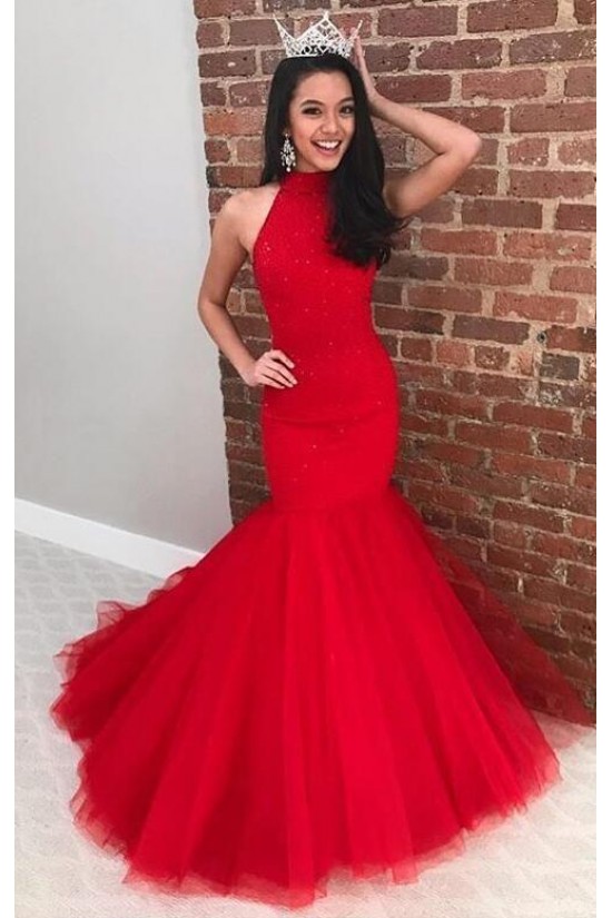 Long Red Mermaid High Neck Prom Dress Formal Evening Gowns 901343 Long Red Mermaid High Neck Prom Dress Formal Evening Gowns 901343