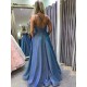 A-Line Long Blue V Neck Sparkle Prom Dress Formal Evening Gowns 901359