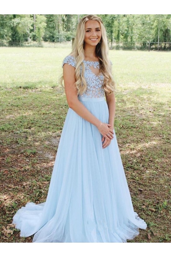 A-Line Long Blue Chiffon and Lace Prom Dress Formal Evening Gowns 901362 A-Line Long Blue Chiffon and Lace Prom Dress Formal Evening Gowns 901362