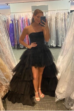 High Low Strapless Black Tulle Prom Dress Formal Evening Gowns 901369