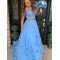 A-Line Long Blue Two Pieces Lace Tulle Prom Dress Formal Evening Gowns 901371