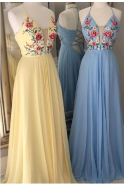 Long Yellow Embroidered Chiffon Prom Dress Formal Evening Gowns 901388