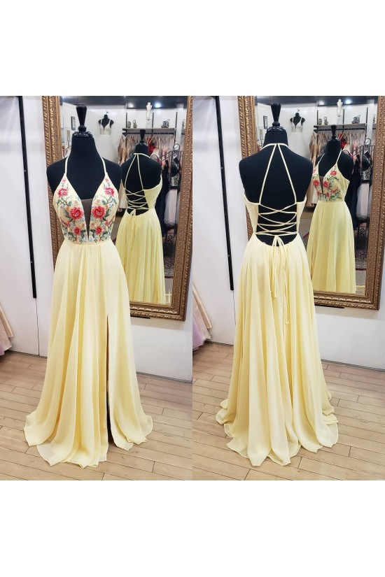 Yellow Chiffon Long Beaded Ball Gown Formal Dress, Yellow Formal Dress, Prom Dress C2133