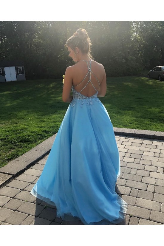 Long Blue Lace and Tulle Beaded Prom Dress Formal Evening Gowns 901429