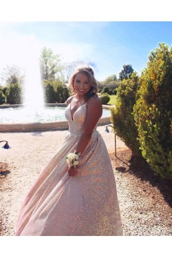 A-Line Sparkle V Neck Prom Dress Formal Evening Gowns 901452