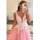 A-Line Long Pink Lace and Tulle Prom Dresses Formal Evening Gowns 901525 A-Line Long Pink Lace and Tulle Prom Dresses Formal Evening Gowns 901525