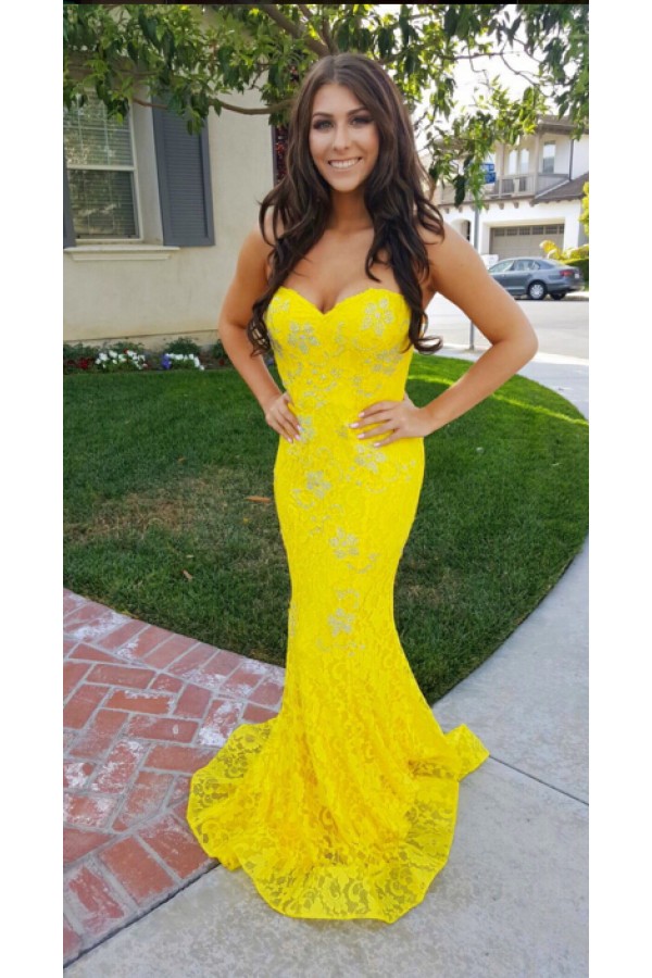 Strapless Yellow Mermaid Long Prom Dresses, Yellow Mermaid Long Formal Evening Dresses