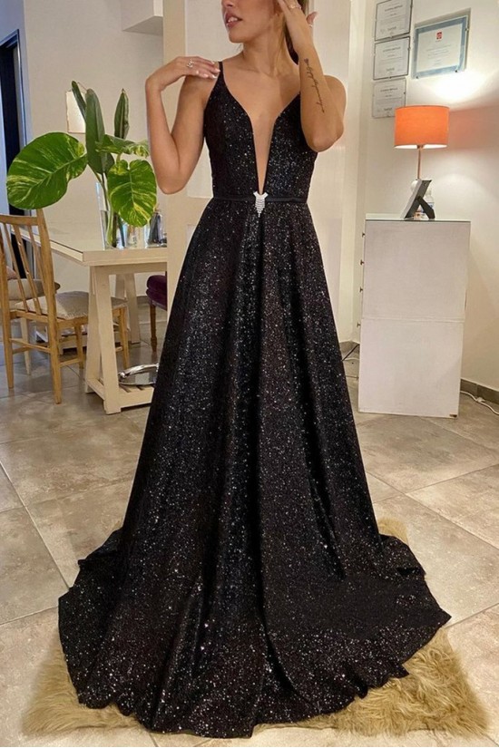 Long Black Sequin Prom Dresses Formal Evening Gowns 901533