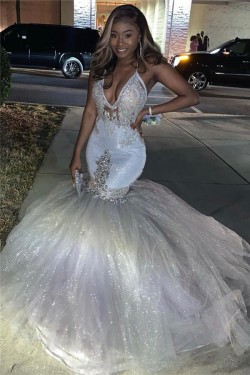 Long White Mermaid Sparkle Lace Prom Dresses Formal Evening Gowns 901599