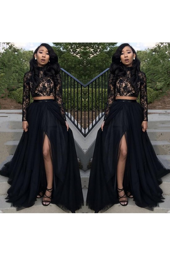 Long Black Two Pieces Lace Tulle Prom Dresses Formal Evening Gowns 901605 Long Black Two Pieces Lace Tulle Prom Dresses Formal Evening Gowns 901605