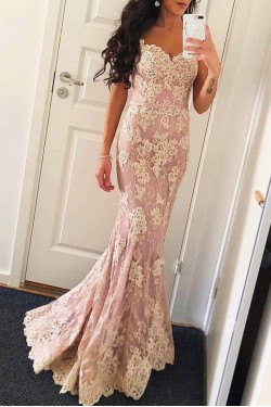 Mermaid Spaghetti Straps Long Lace Beaded Prom Dresses Formal Evening Gowns 901608