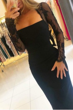 Long Black Mermaid Lace Prom Dresses Formal Evening Gowns 901615