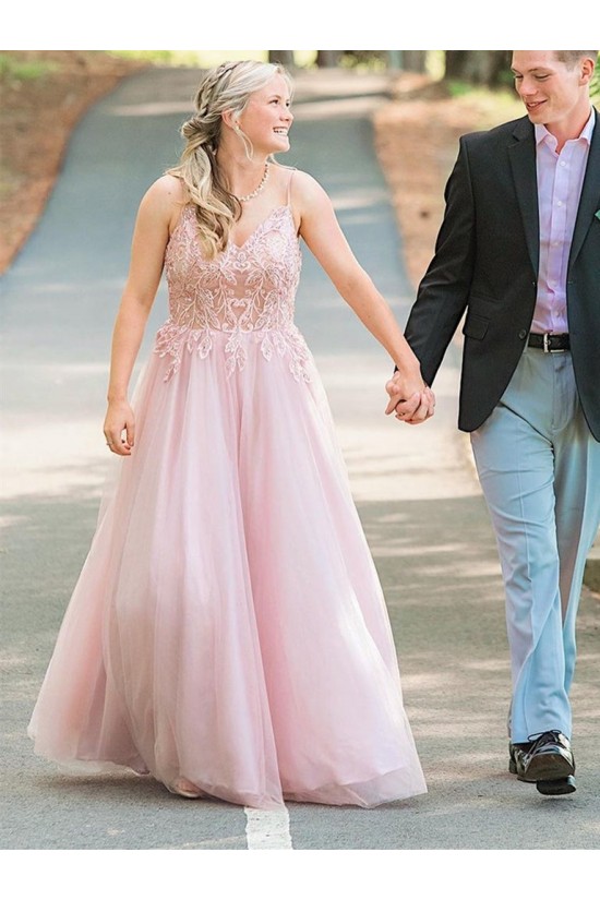 A-Line Long Pink Beaded Lace Prom Dresses Formal Evening Gowns 901637 A-Line Long Pink Beaded Lace Prom Dresses Formal Evening Gowns 901637