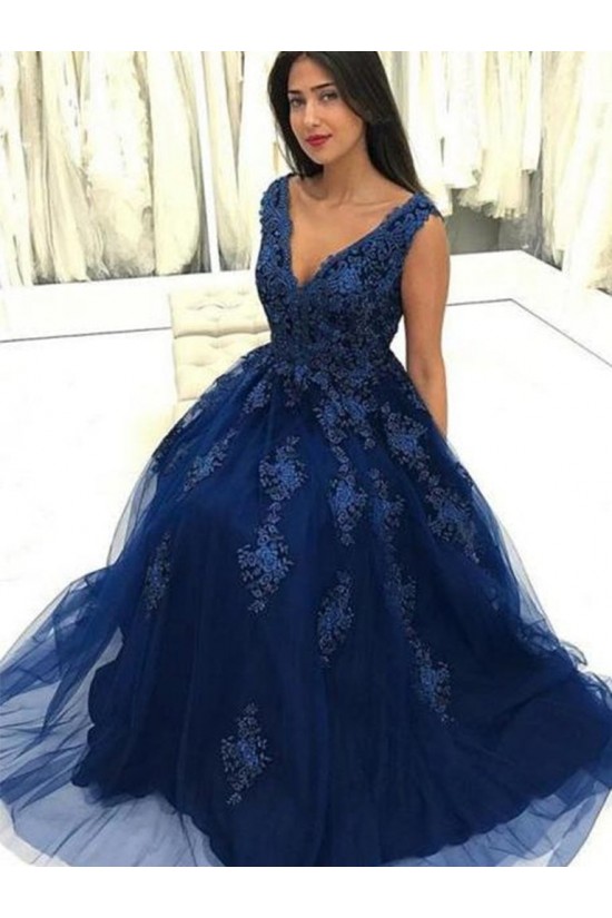 Long Navy Blue Lace and Tulle Prom Dresses Formal Evening Gowns 901669 Long Navy Blue Lace and Tulle Prom Dresses Formal Evening Gowns 901669