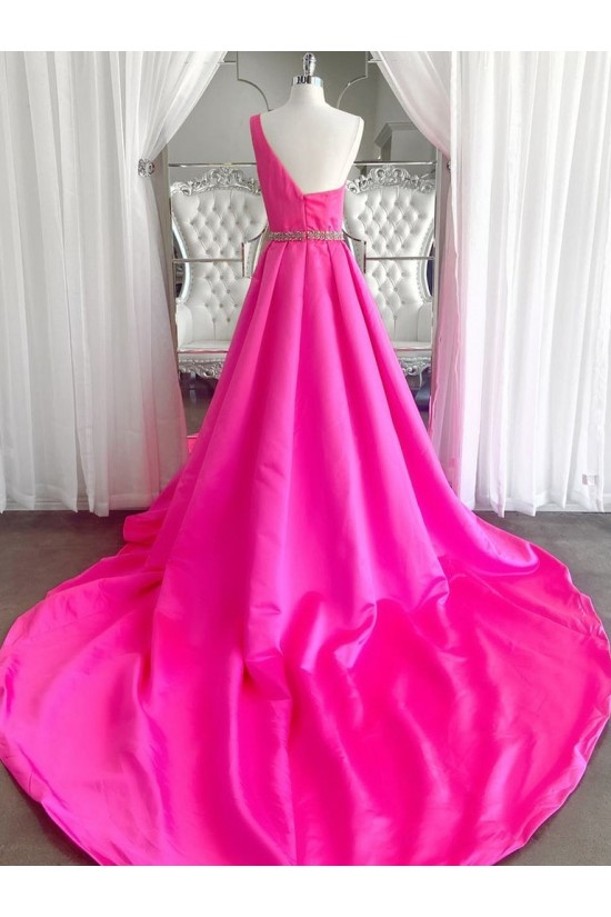 Long Fuchsia Beaded One Shoulder Prom Dresses Formal Evening Gowns 901674