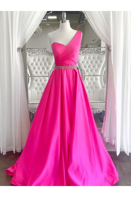 Long Fuchsia Beaded One Shoulder Prom Dresses Formal Evening Gowns 901674