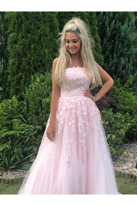 A-Line Long Pink Strapless Lace and Tulle Prom Dresses Formal Evening Gowns 901747 A-Line Long Pink Strapless Lace and Tulle Prom Dresses Formal Evening Gowns 901747