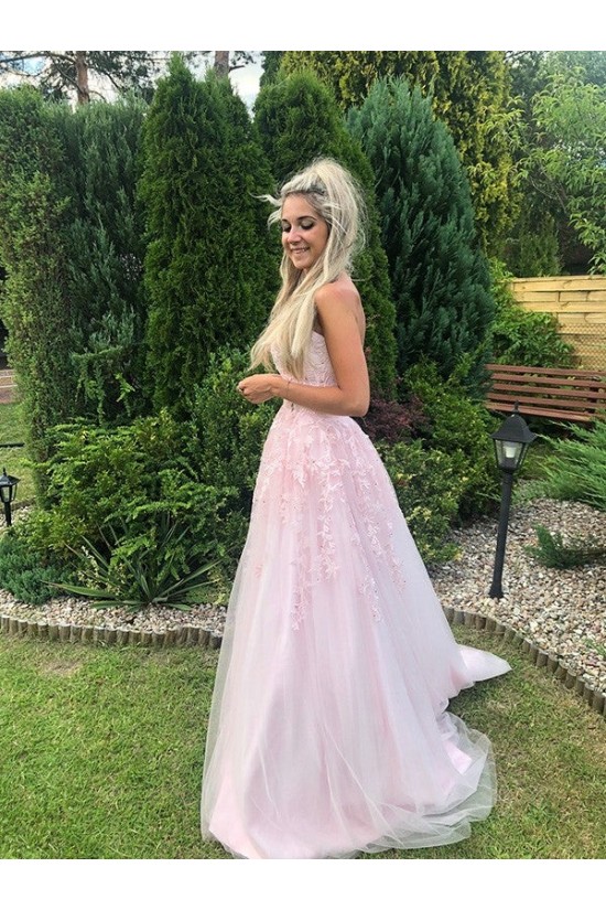 A-Line Long Pink Strapless Lace and Tulle Prom Dresses Formal Evening Gowns 901747 A-Line Long Pink Strapless Lace and Tulle Prom Dresses Formal Evening Gowns 901747