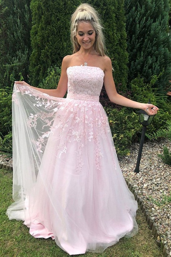A-Line Long Pink Strapless Lace and Tulle Prom Dresses Formal Evening Gowns 901747 A-Line Long Pink Strapless Lace and Tulle Prom Dresses Formal Evening Gowns 901747