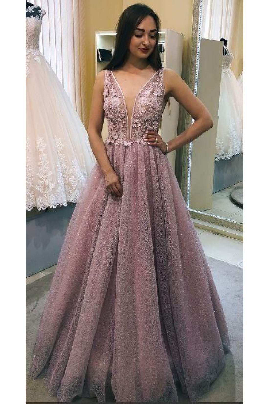 A line tulle lace long prom dress evening dress main image 1