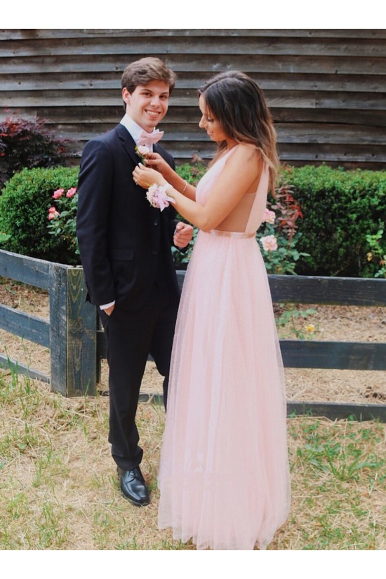 A-Line Long Pink Tulle Prom Dresses Formal Evening Gowns 901755 A-Line Long Pink Tulle Prom Dresses Formal Evening Gowns 901755