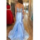 Long Blue Mermaid Two Pieces Prom Dresses Formal Evening Gowns 901777