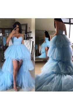 High Low Long Blue Tulle Prom Dresses Formal Evening Gowns 901808