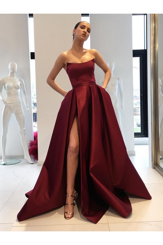 Ball Gown Sleeveless Strapless Long Satin Prom Dresses Formal Evening Gowns 901837