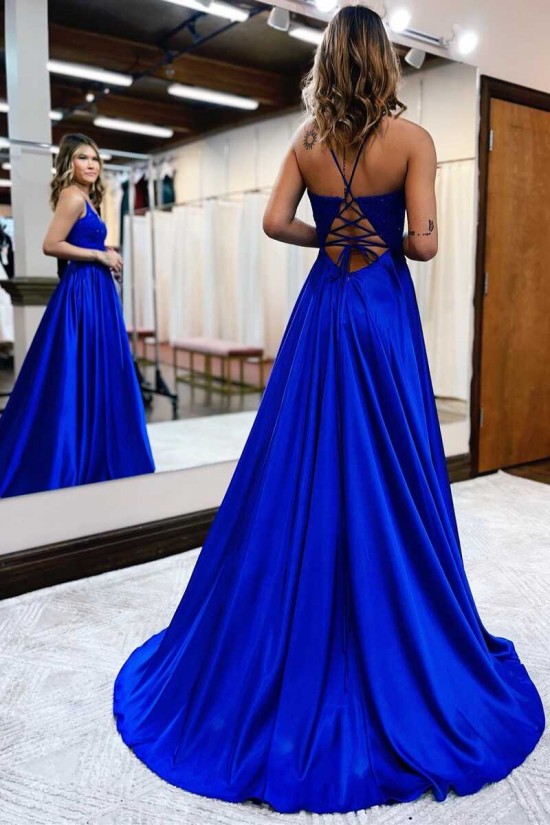 Long Blue V Neck Lace Prom Dresses Formal Evening Gowns 901844