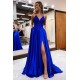 Long Blue V Neck Lace Prom Dresses Formal Evening Gowns 901844
