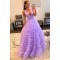 A-Line Sleeveless V Neck Tulle Prom Dresses Formal Evening Gowns 901858