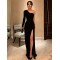 Long Black One Shoulder Long Sleeves Prom Dresses Formal Evening Gowns 901865