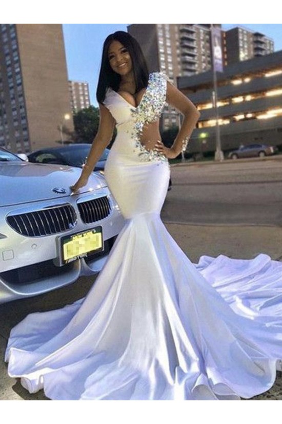Trumpet/Mermaid Long Beaded V Neck Prom Dresses Formal Evening Gowns 901869