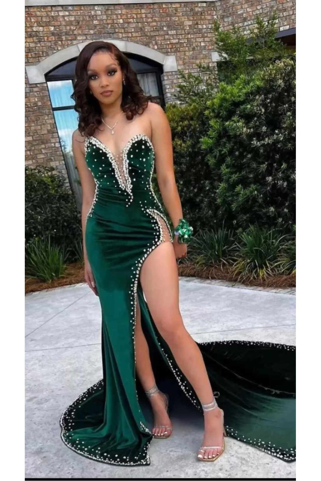 Elegant Green Mermaid Prom Dresses Sequin Applique Party Gowns Long Sleeves Evening Dress main image 0