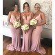 Long Pink V Neck Floor Length Bridesmaid Dresses 902051