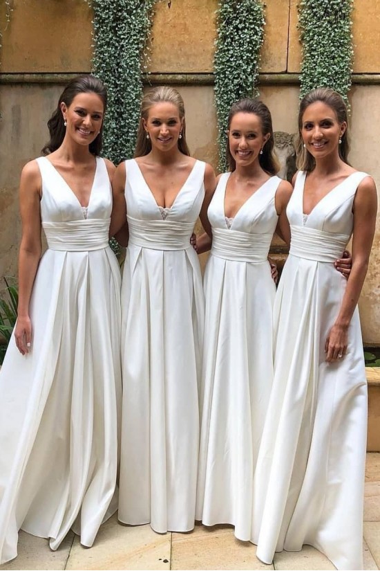A-Line V Neck Long White Bridesmaid Dresses 902057 A-Line V Neck Long White Bridesmaid Dresses 902057