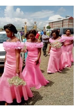 Mermaid Long Pink Off the Shoulder Bridesmaid Dresses 902159