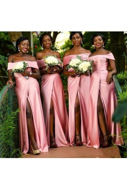 Long Pink Off the Shoulder Floor Length Bridesmaid Dresses with Slit 902178