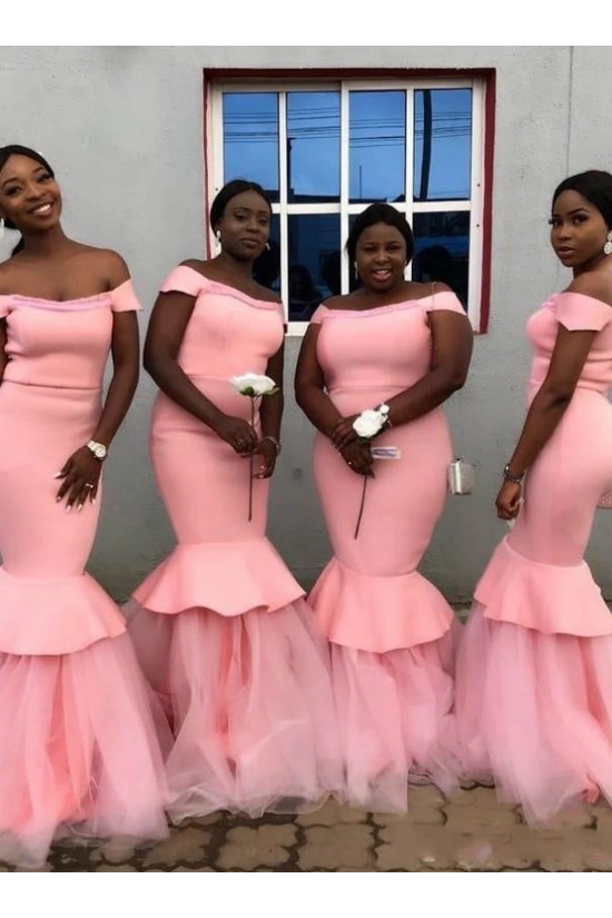 Long Pink Mermaid Off the Shoulder Bridesmaid Dresses 902186