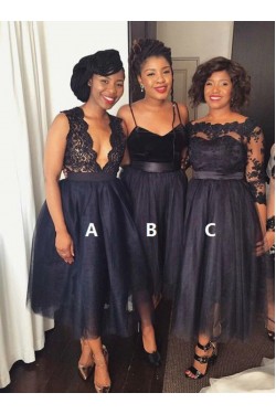 Short Navy Blue Lace and Tulle Bridesmaid Dresses 902190