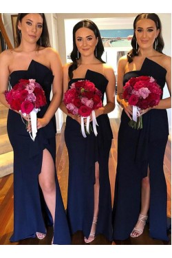 Mermaid Strapless Long Navy Blue Bridesmaid Dresses 902220