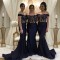 Long Navy Blue Mermaid Lace Off the Shoulder Bridesmaid Dresses 902305