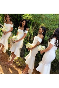 Short White Mermaid Off the Shoulder Bridesmaid Dresses 902344