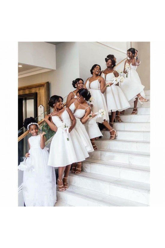 Short White Spaghetti Straps Beaded Bridesmaid Dresses 902345