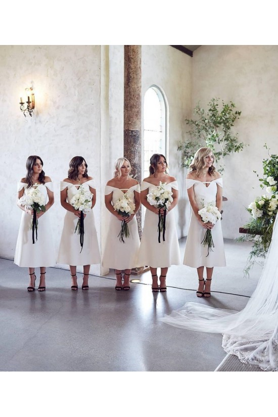 Long White Off the Shoulder Tea Length Bridesmaid Dresses 902346 Long White Off the Shoulder Tea Length Bridesmaid Dresses 902346