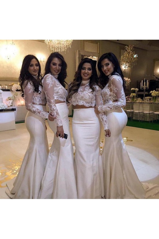 Long Mermaid Two Pieces White Lace Bridesmaid Dresses with Sleeves 902372 Long Mermaid Two Pieces White Lace Bridesmaid Dresses with Sleeves 902372