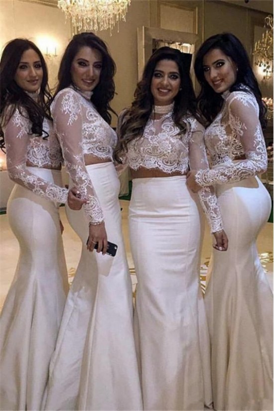 Long Mermaid Two Pieces White Lace Bridesmaid Dresses with Sleeves 902372 Long Mermaid Two Pieces White Lace Bridesmaid Dresses with Sleeves 902372