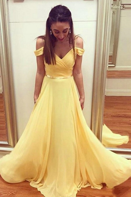 Long Yellow Off the Shoulder Chiffon Bridesmaid Dresses 902387 Long Yellow Off the Shoulder Chiffon Bridesmaid Dresses 902387